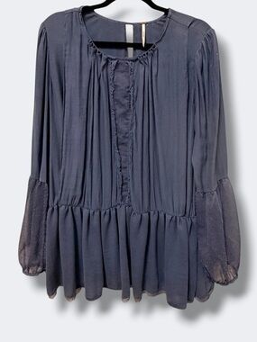 Free People Blue Boho Tunic Dress Mini Peasant Long Sleeve Flowy L